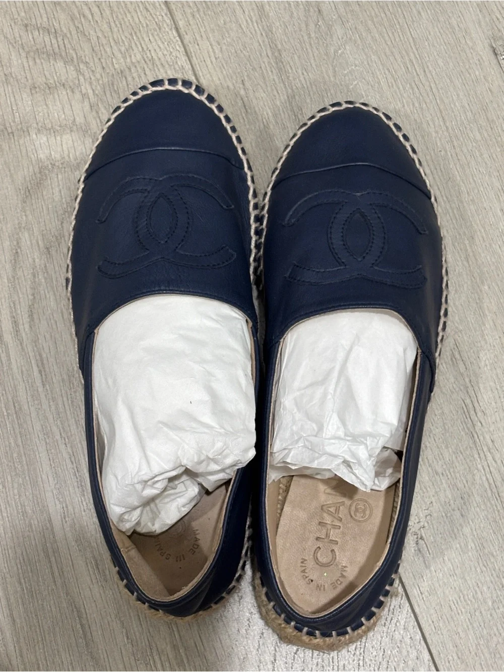 CHANEL Navy Leather Espadrille Flats